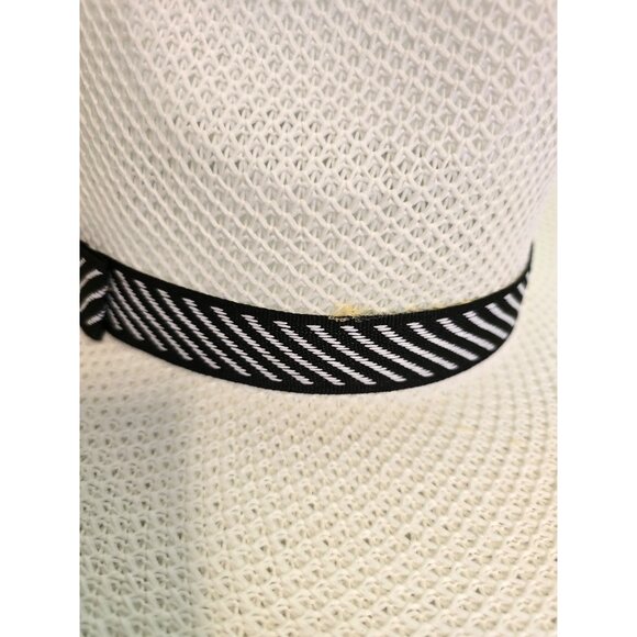 Men's White Panama Hat Woven Black & White Strip Vacation Summer Picnic Sun Hat - Picture 4 of 6